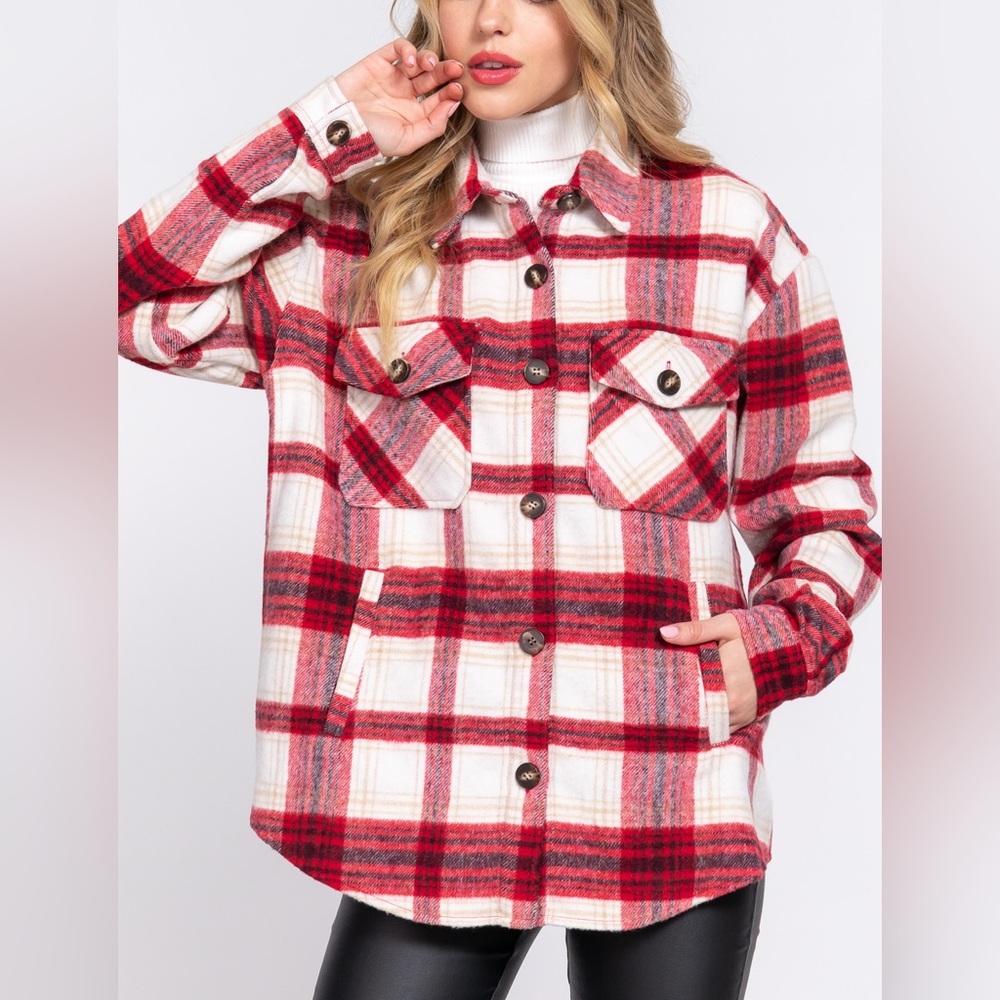 WOOL PLAID SHACKET WITH POCKETS - RED - Picture 5 of 5